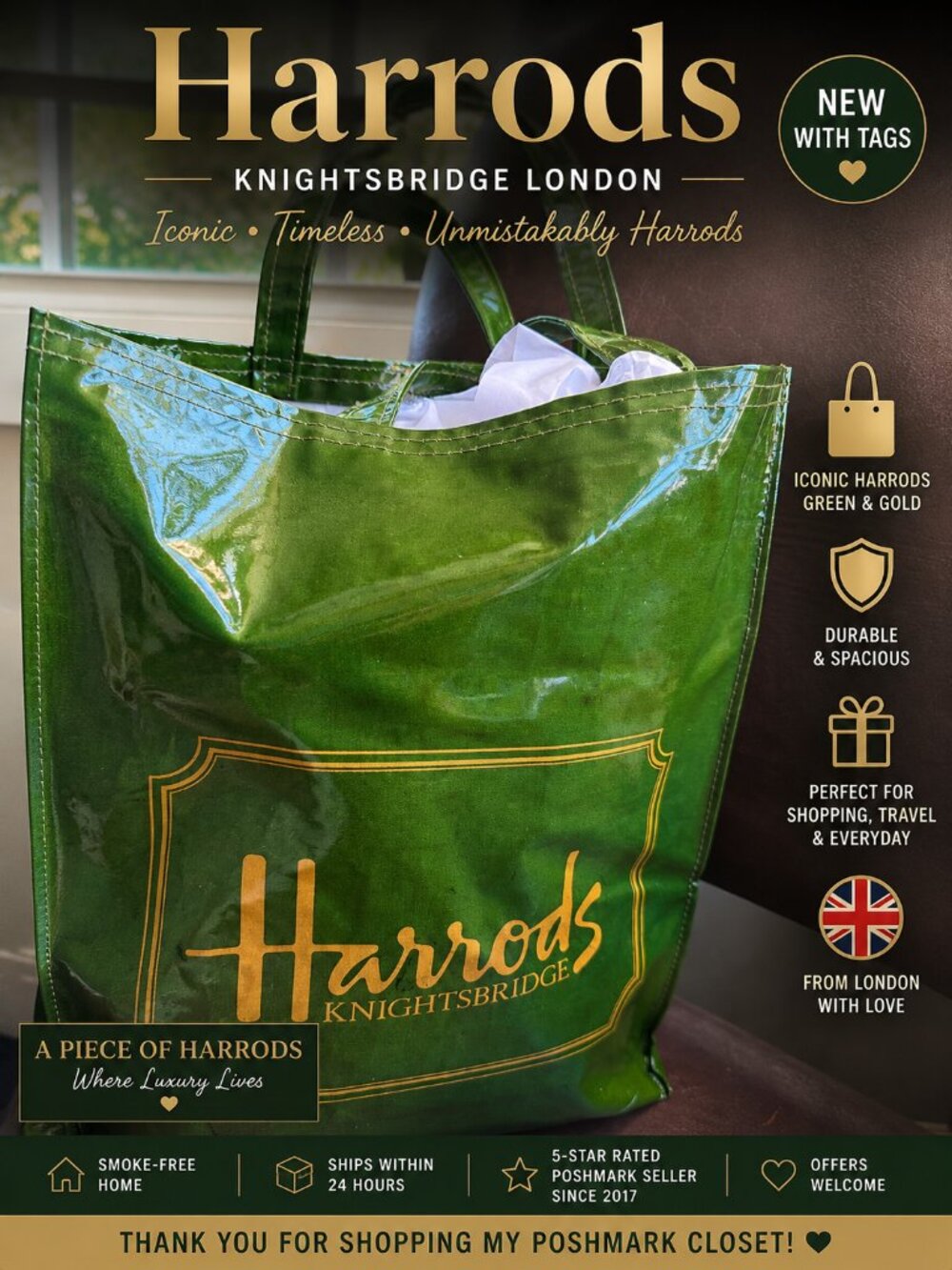Harrods Knightsbridge Green Gold Glossy Tote Bag Discontinued Made in UK